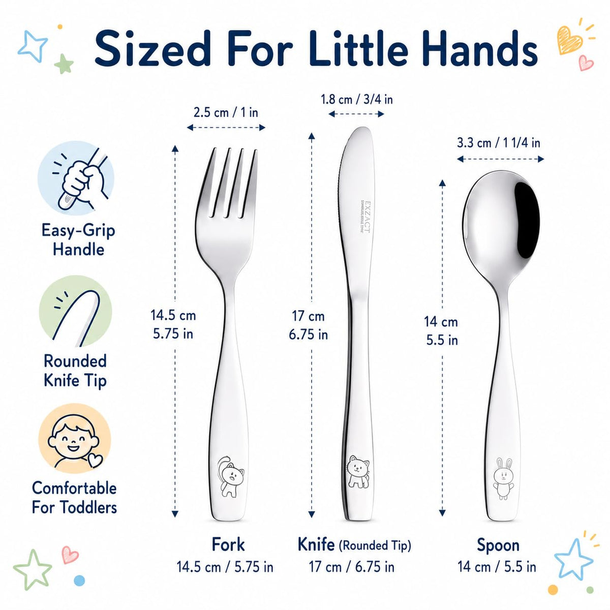 Exzact Stainless Steel 18 Pieces Childrens Flatware/Kids Silverware/Cutlery Set - 6 x Safe Forks, 6 x Safe Table Knives, 6 x Tablespoons - Safe Toddler Utensils (Engraved Dog Cat Bunny)