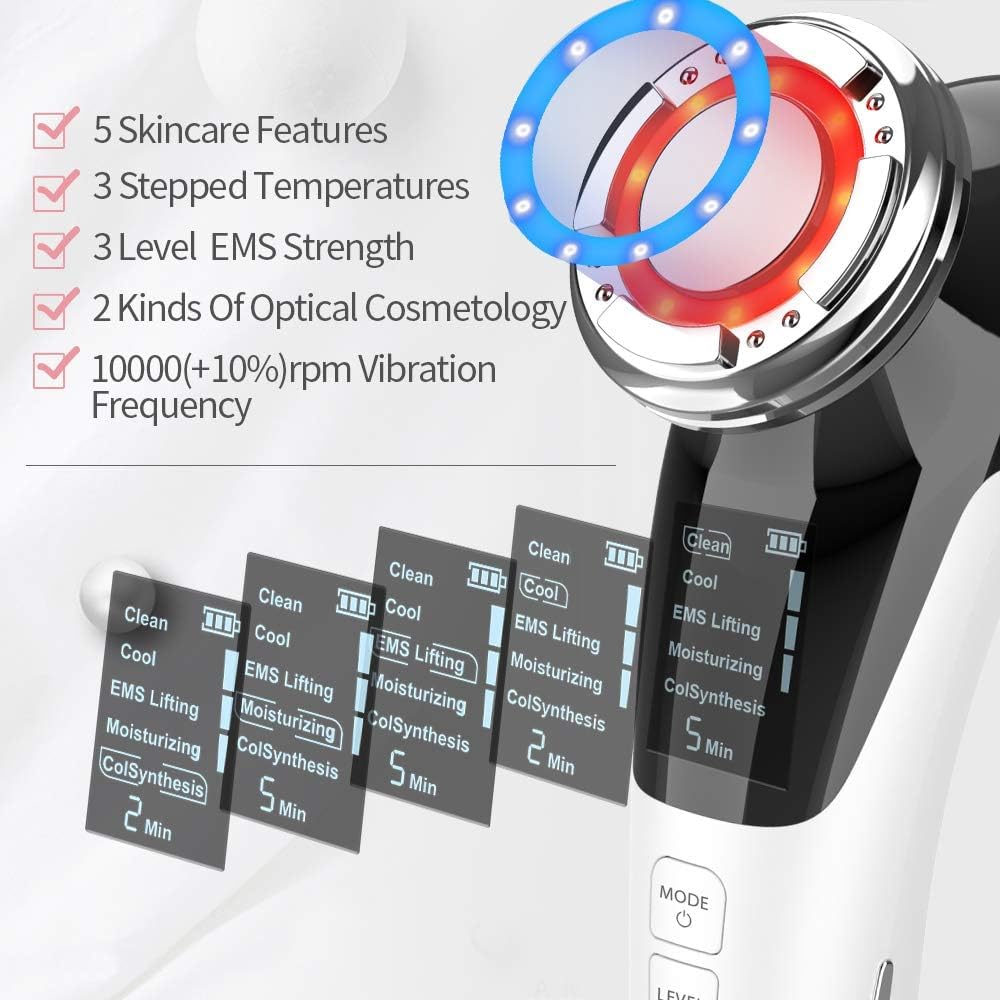 Mini Máquina HIFU, Masajeador Facial para Antiarrugas y Reafirmante, 5 EN1 Pro Maquina Estetica Antienvejecimiento, Dispositivo Ultrasónico EMS por Radiofrecuencia, Anti Envejecimiento, Cuidado Facial con Frío Calor Roja y Azul (Blanco)