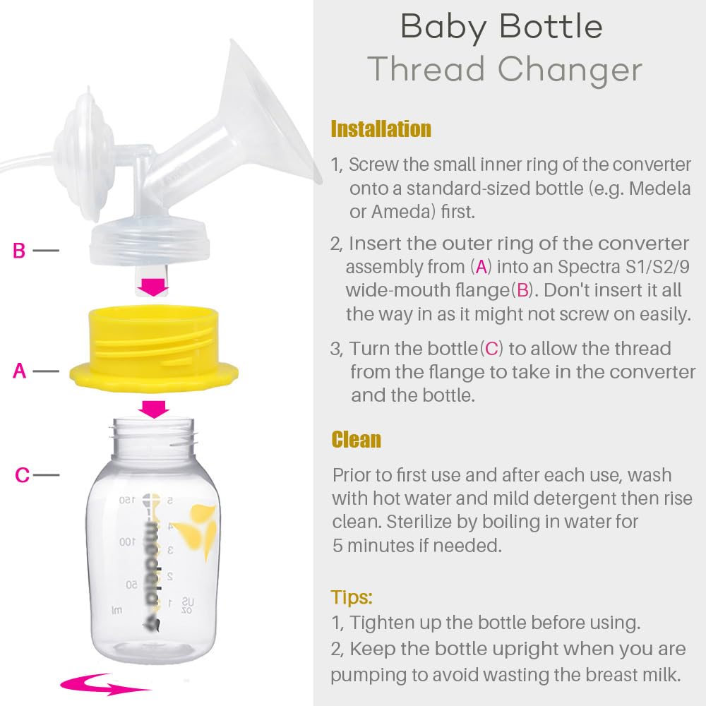 Adaptador de rosca para botella de bebé para Spectra S1 S2 con bridas de boca ancha para utilizar botellas Medela, 4 piezas