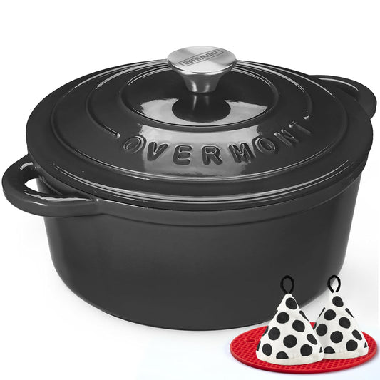 Overmont - Horno holandés de hierro fundido esmaltado, olla de 5.5 cuartos con tapa, libro de cocina y agarraderas de algodón, utensilios de cocina resistentes para estofar, guisos, asar, hornear pan