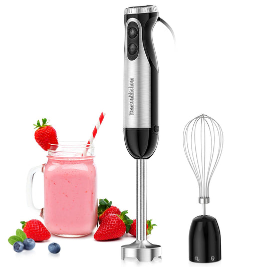Bonsenkitchen Batidora de mano de inmersión 2 en 1, multiusos de 500 W con batidor, 20 velocidades y modo turbo, de acero inoxidable 304 para licuados, papillas para bebés y sopas