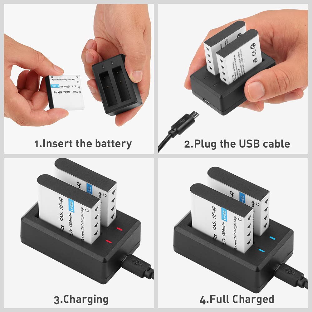 GeeKam NP-40 - Batería recargable de 1500 mAh (paquete de 3) con cargador dual USB para videocámaras, compatible con Casio NP-40