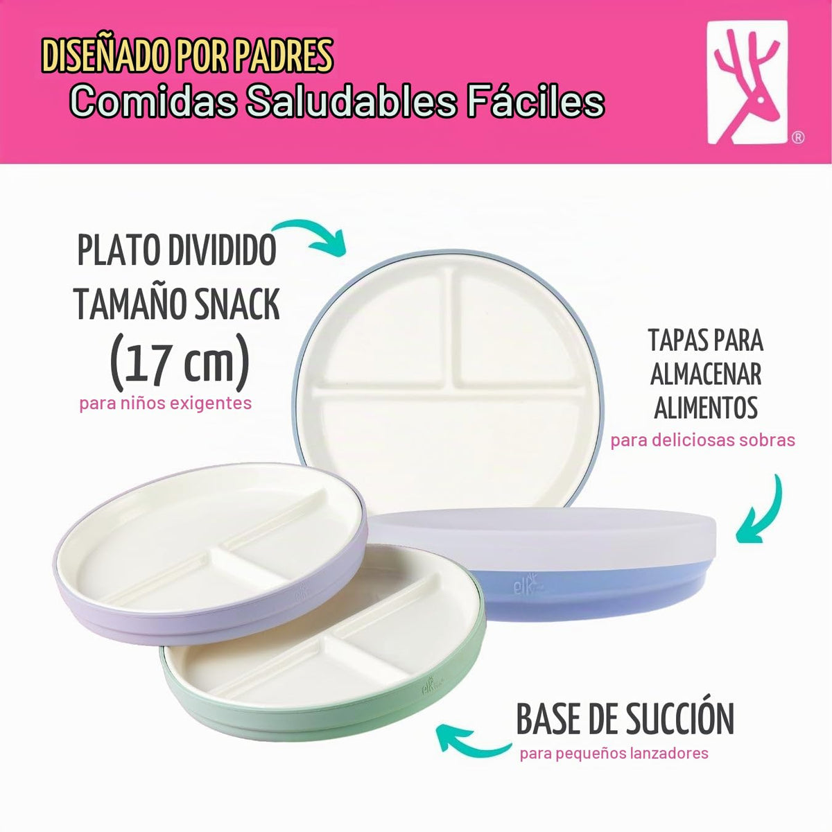 Elk and Friends Kids - Platos divididos de porcelana blanca de 6.7 pulgadas con mangas de succión de silicona + tapas, adecuados para bebés/niños pequeños, aptos para microondas y lavaplatos, vajilla