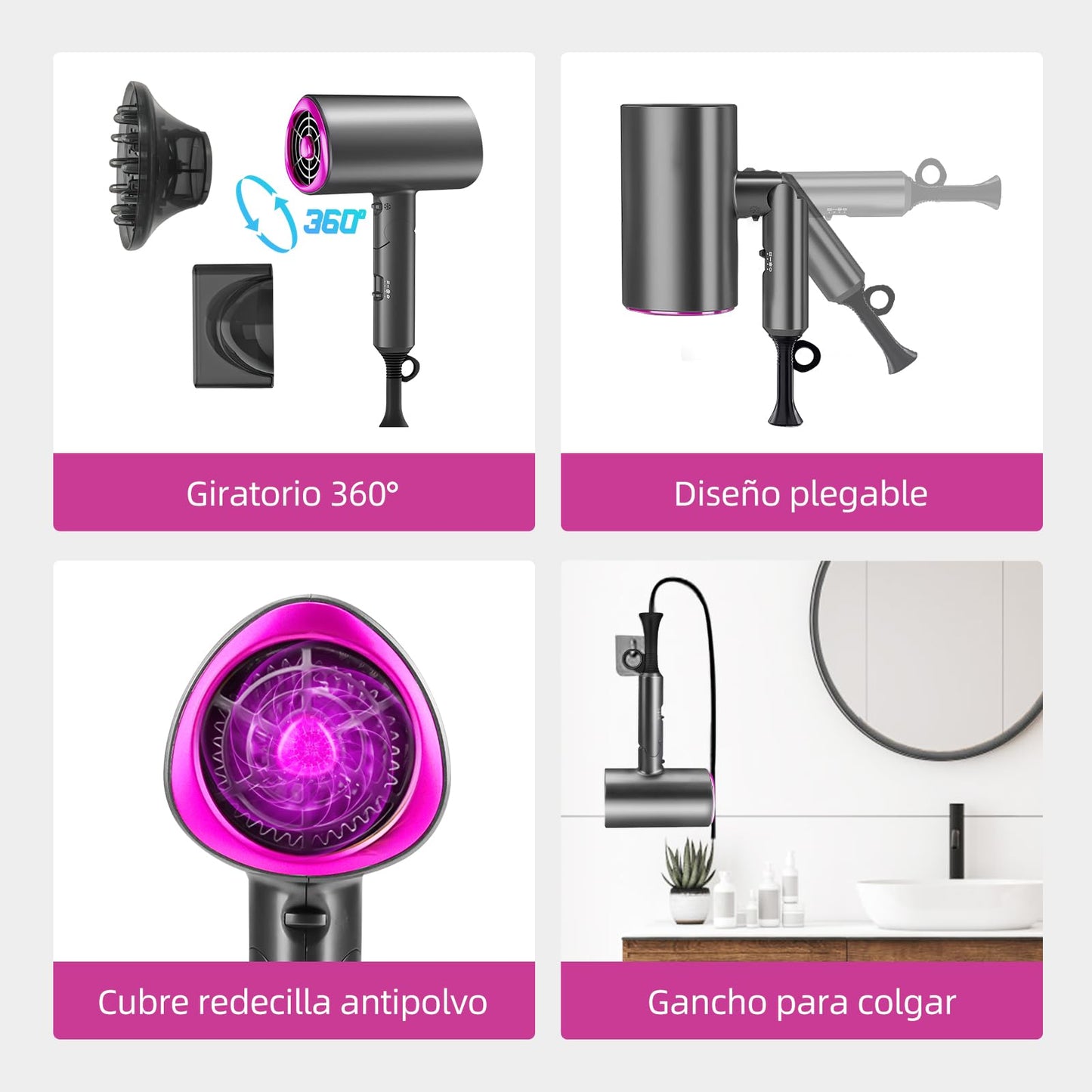 Secador de Pelo,1200W Secadora de Cabello Profesional,Secador de Pelo Iónico Baja Potencia con 3 Niveles de Viento Cálido, 2 Velocidades, Mini Secador de Soplado Plegable con Boquillas y Difusor para Hogar, Salón de Belleza, Viajes,Gris