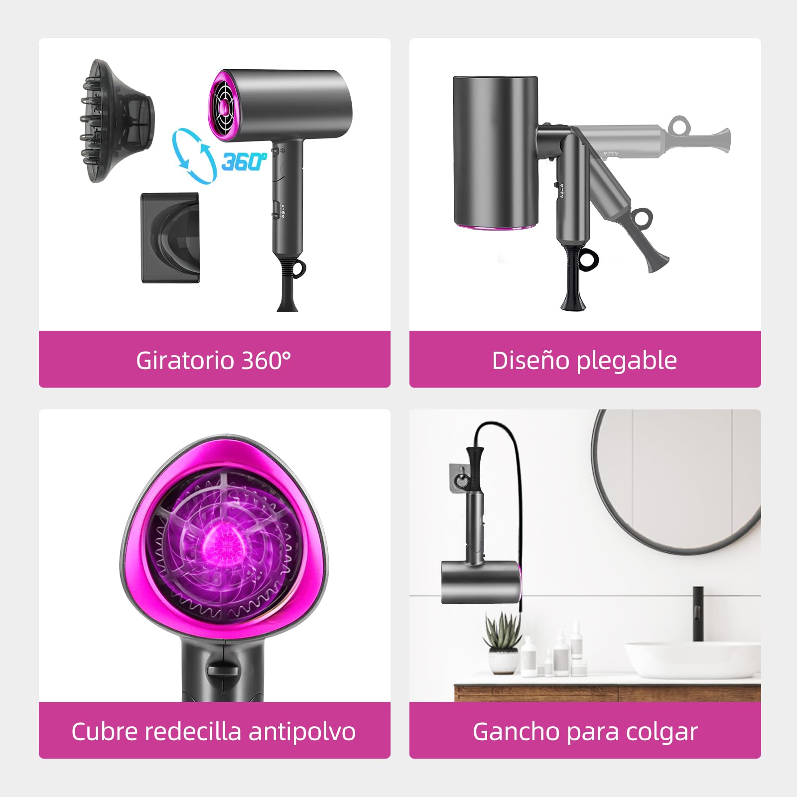 Secador de Pelo,1200W Secadora de Cabello Profesional,Secador de Pelo Iónico Baja Potencia con 3 Niveles de Viento Cálido, 2 Velocidades, Mini Secador de Soplado Plegable con Boquillas y Difusor para Hogar, Salón de Belleza, Viajes,Gris