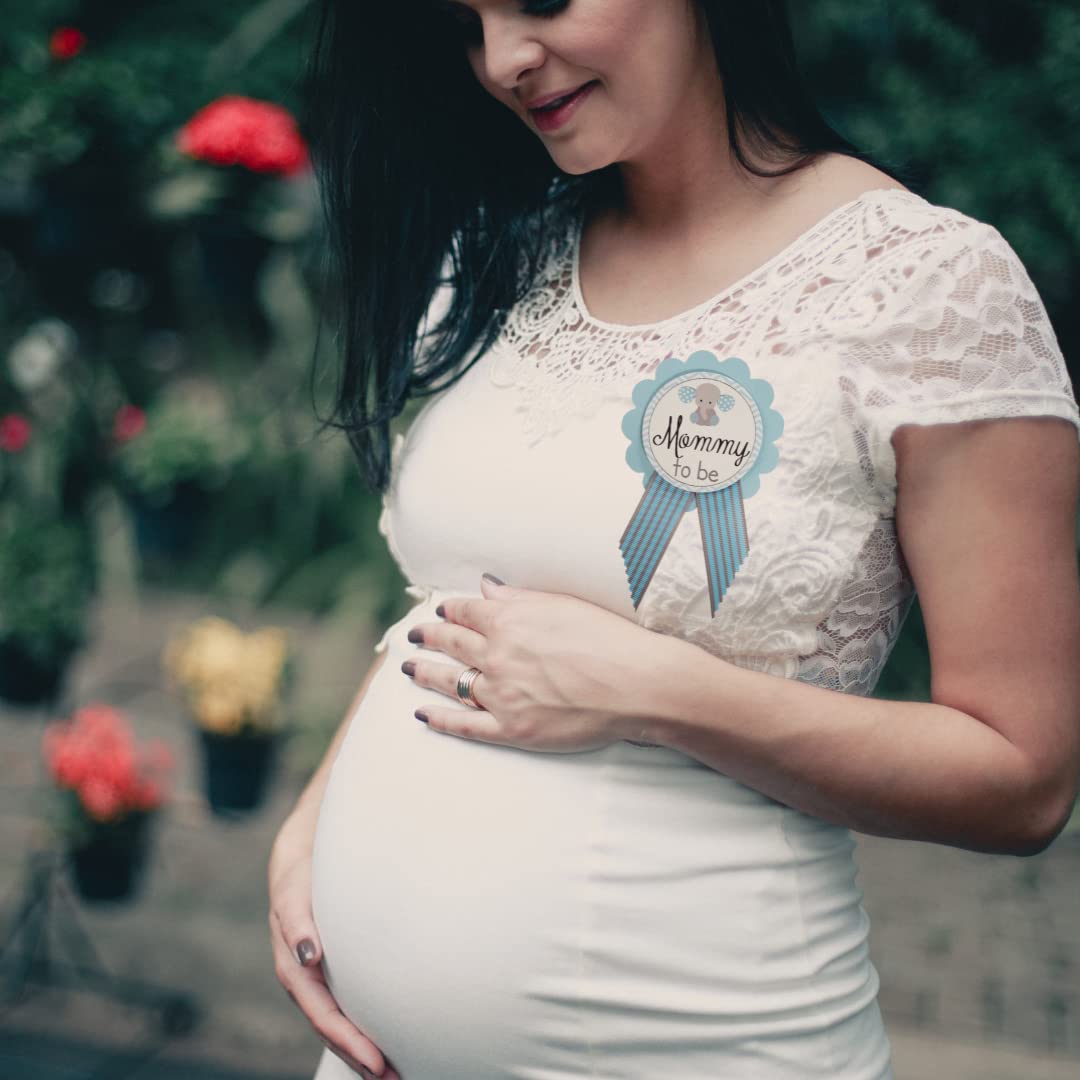 2 alfileres de botón Mommy & Daddy to Be con diseño de elefante para baby shower It's a Boy para que los padres usen, azul y blanco, Una talla, No es una piedra preciosa
