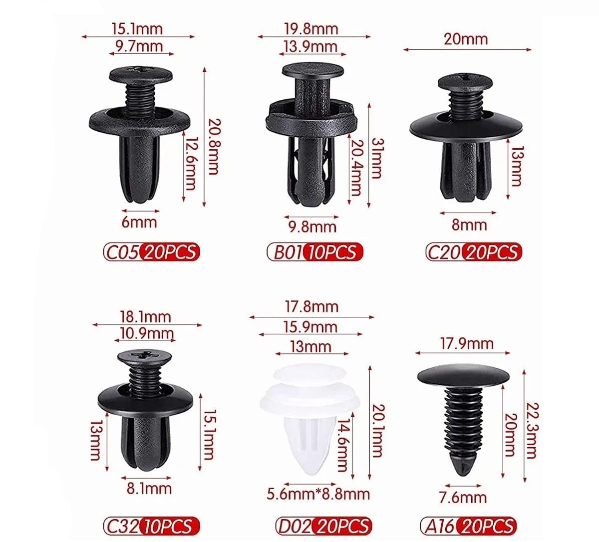Grapa Remache Automotriz Universal Surtido con Estuche y Herramientas de Desmontaje Molduras Tablero Clips de Retenedores Coche Diversos Tamaños | 100 Pzs