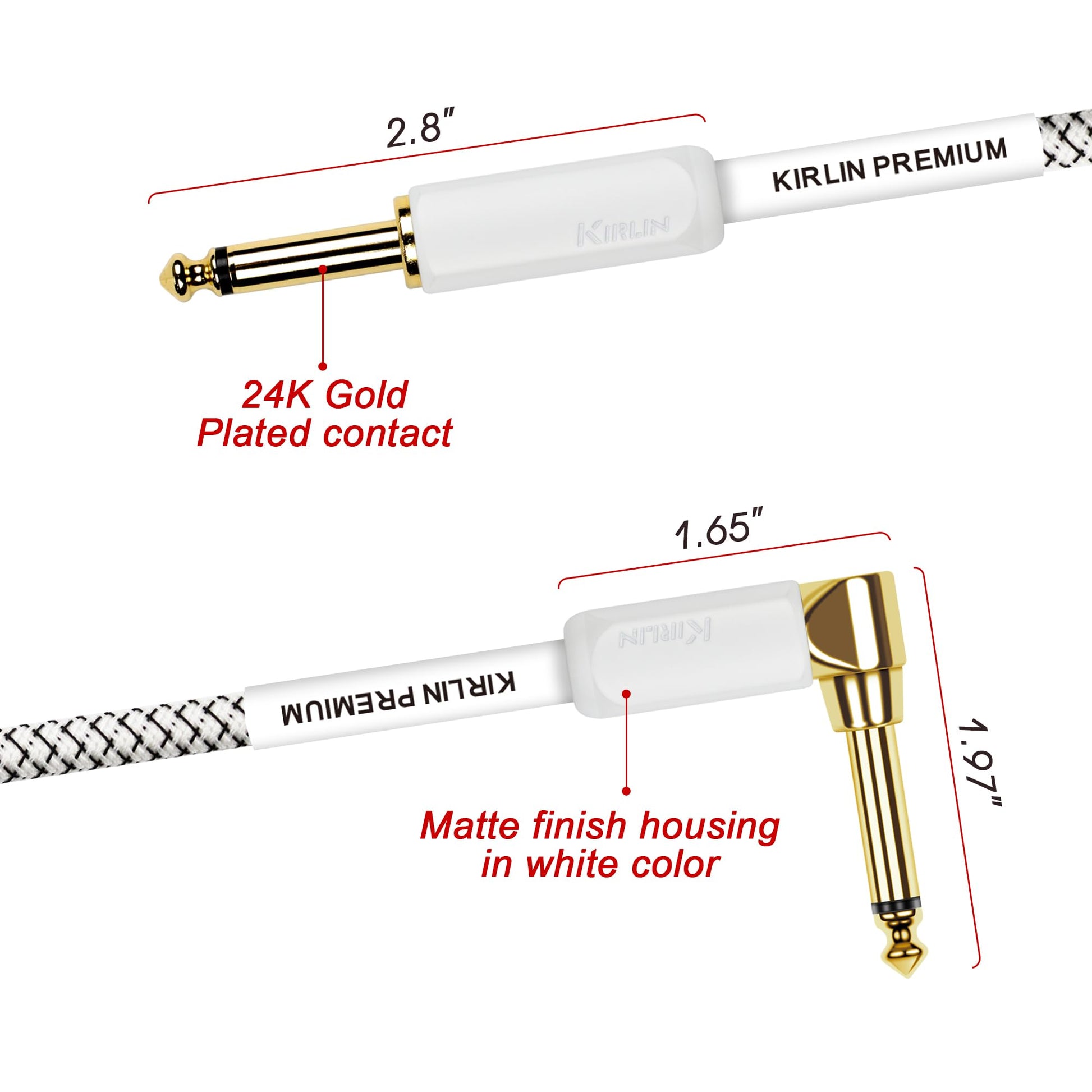 KIRLIN, KIRLIN Cable de instrumento Cable de 1/4 pulgadas, enchufe monofónico, blanco, 20 pies (IWB-202WGL-20/WT)