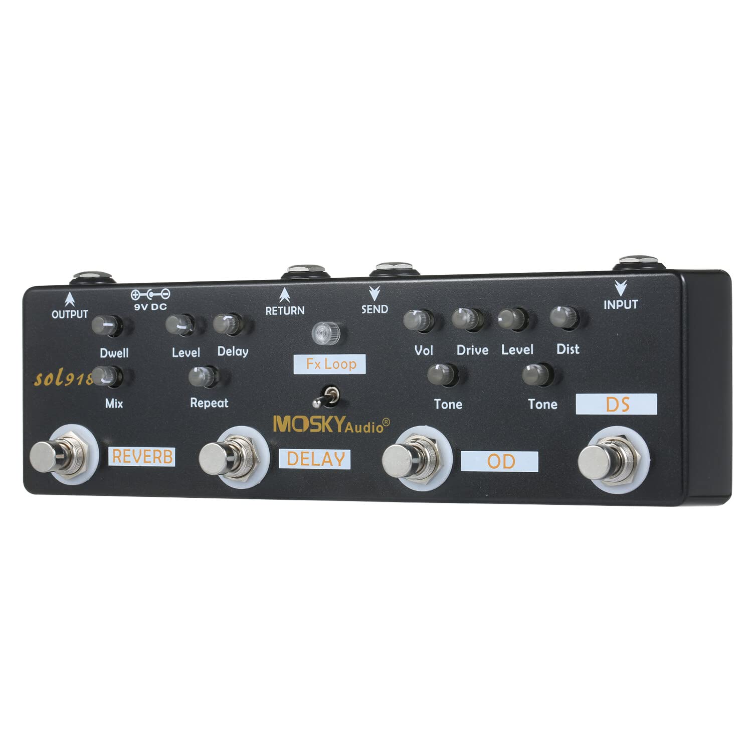 Ll SOL918 Pedal multiefectos 5 en 1 Pedal de efectos combinados para guitarra True Bypass Dispositivo de efectos combinados multien uno Reverb Delay FX Loop Overdrive Distorsión para guitarra Bajo Produ
