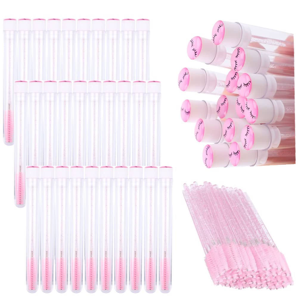 60 pinceles desechables de pestañas rosas con patrón de pestañas, cepillos de pestañas de diamante, bobinas de maquillaje, varita de rímel en tubo sanitario suministros de pestañas