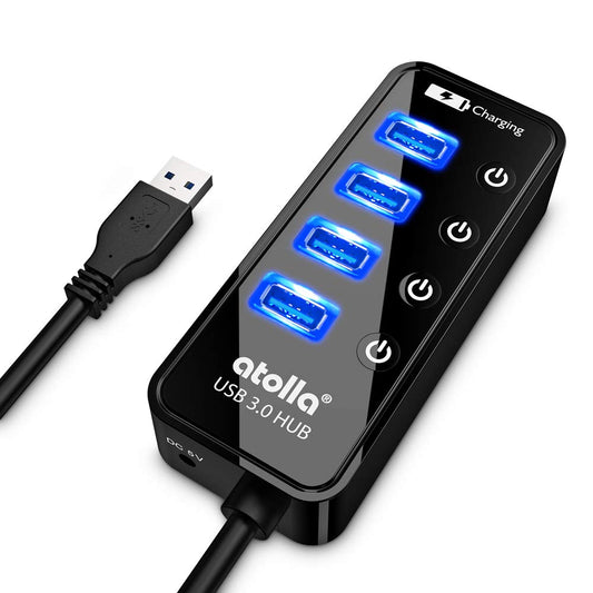 ATOLLA Hub USB 3.0 5 en 1, 4 Puertos Super Speed 5Gbps Multi USB Hub con Interruptor Independiente con 1 Puerto de Carga USB (Longitud del Cable 0,6 Metros, sin Adaptador de CA)