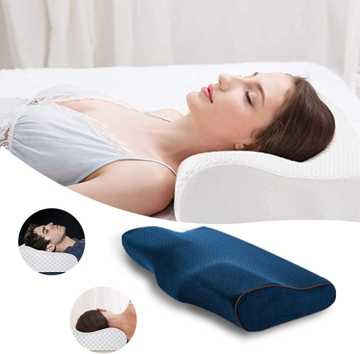 HOOSUFU Almohada Cervical de Memory Foam Almohada Ortopédica para Aliviar el Dolor en el Cuello y Los Hombros Funda Lavable Almohada viscoelástica Azul,Funda de Almohada Blanca