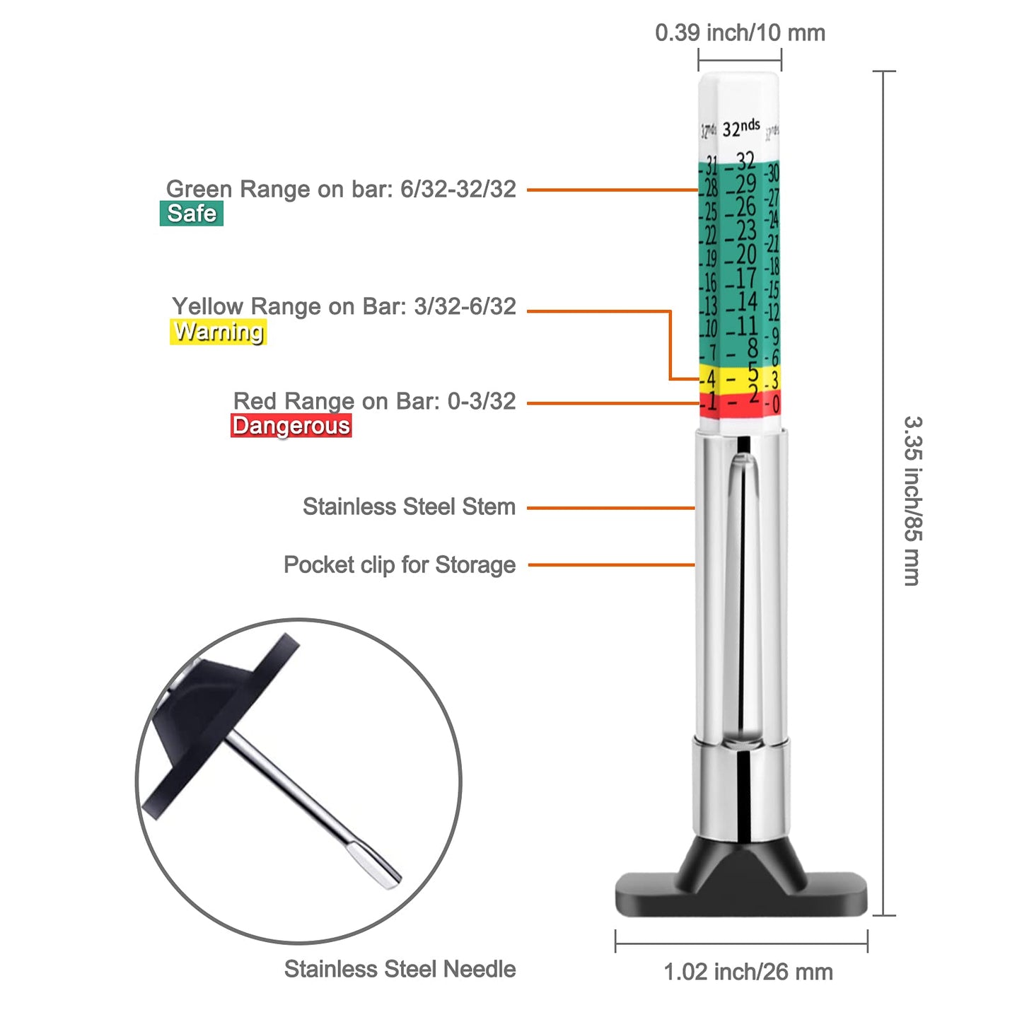 GODESON 88702 - Medidor de profundidad de banda de rodadura inteligente con código de color, 2 unidades (paquete de 1)