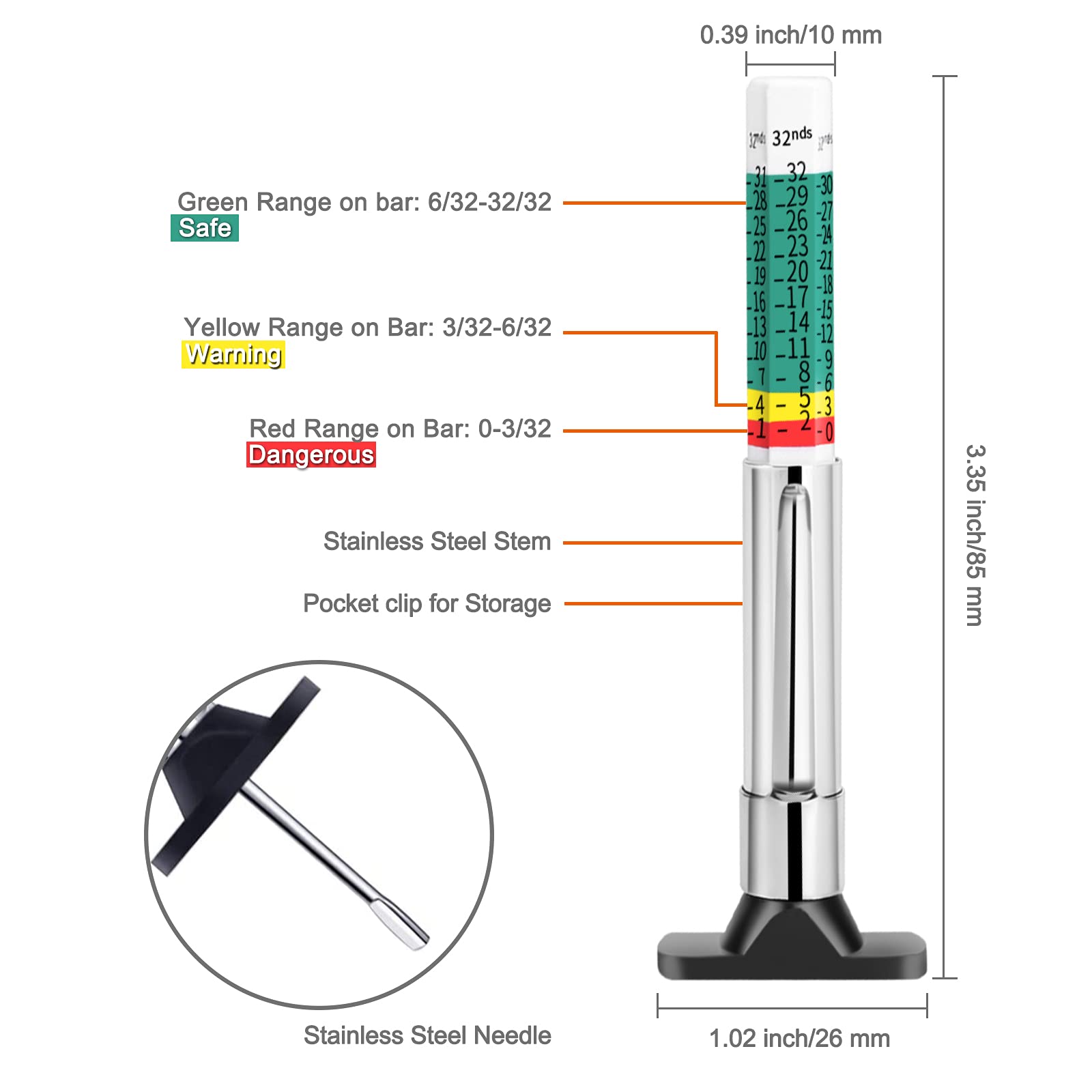 GODESON 88702 - Medidor de profundidad de banda de rodadura inteligente con código de color, 2 unidades (paquete de 1)