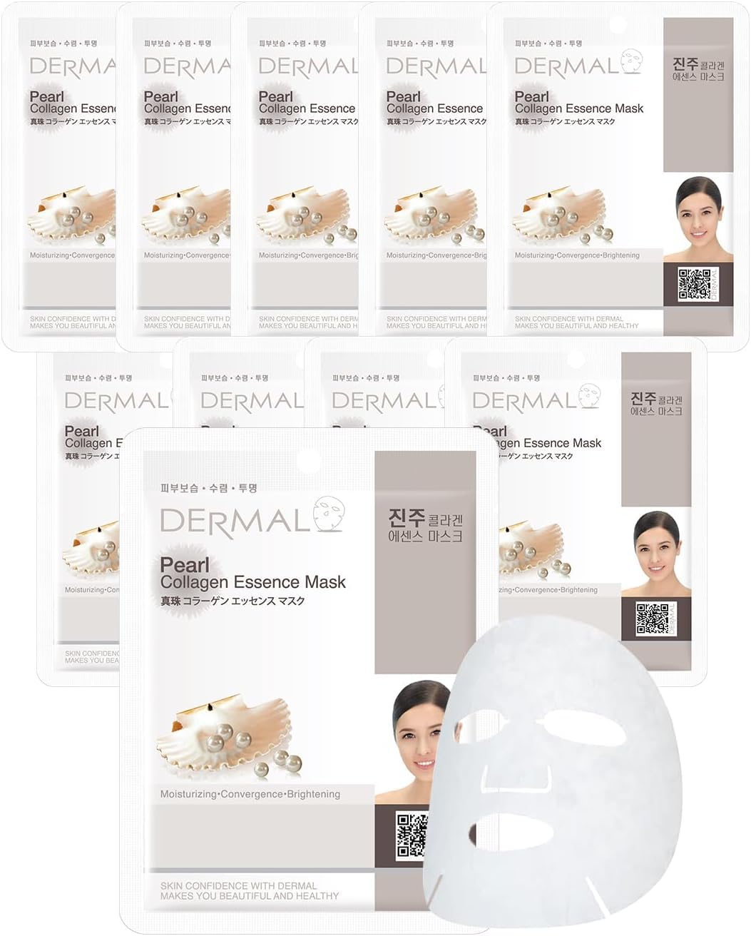 DERMAL Korea 10 Mascarillas Pearl con Polvo de Perla, Colágeno y Vitamina E