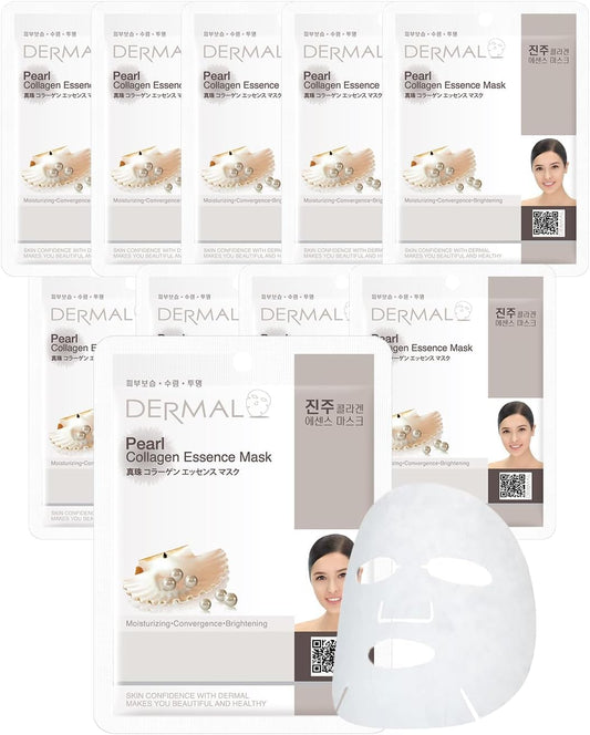 DERMAL Korea 10 Mascarillas Pearl con Polvo de Perla, Colágeno y Vitamina E