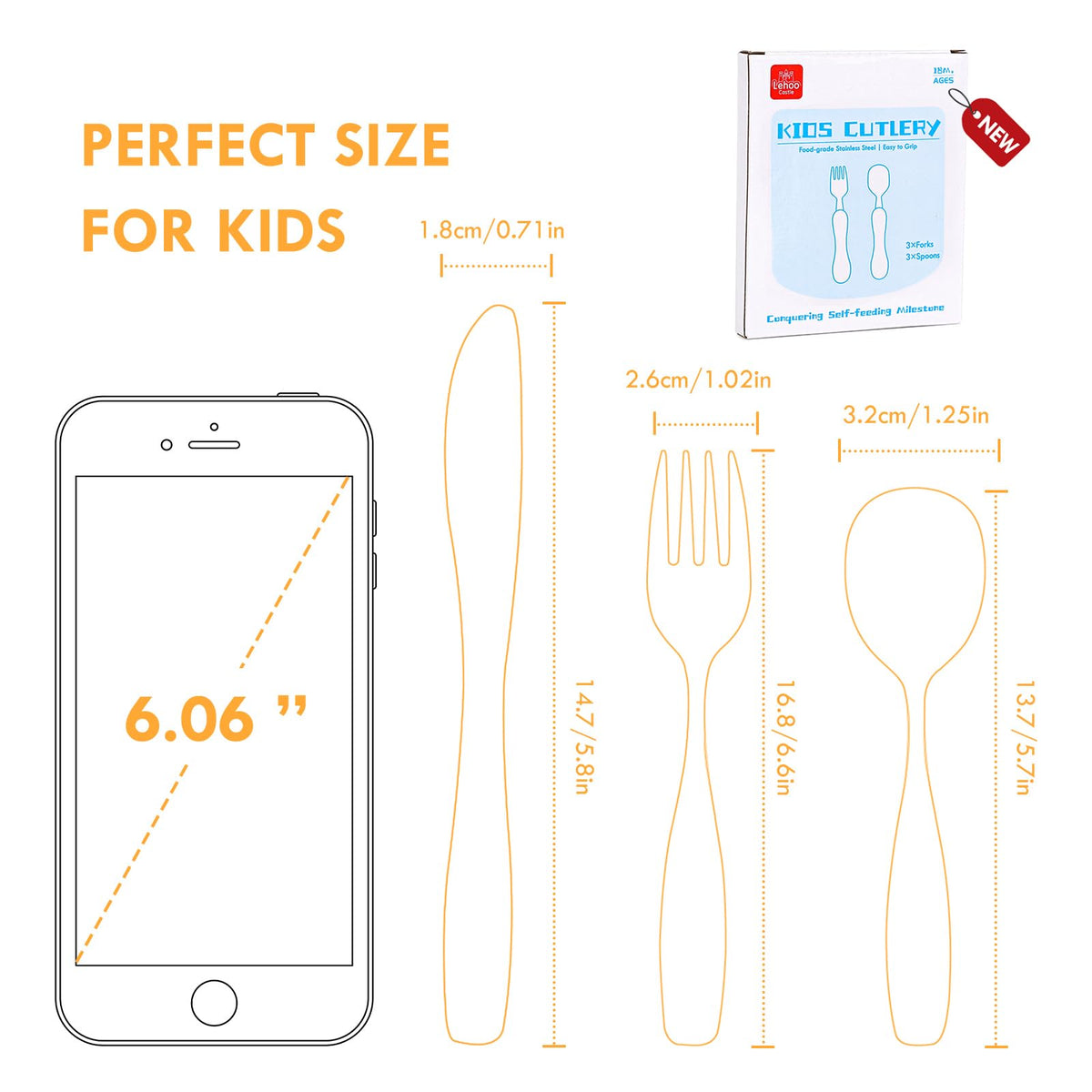 Lehoo Castle - Utensilios para niños pequeños, 6 piezas de seguridad de acero inoxidable para niños pequeños, juego de cubiertos para niños, utensilios de seguridad para niños y niños (naranja)