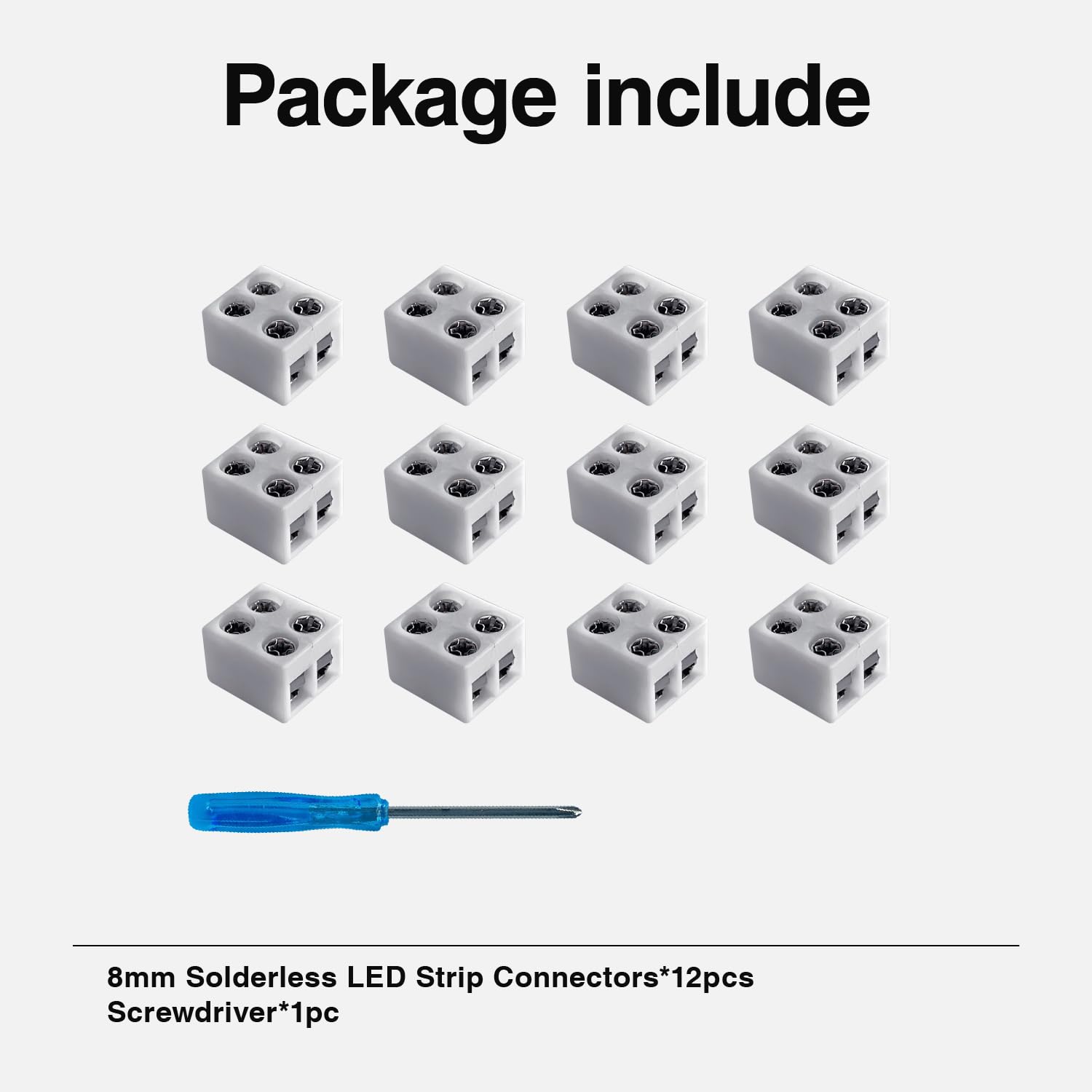 CEZELUX - Paquete de 12 conectores de tira de luz LED de 8 mm, 2 pines, sin soldadura, blanco de 12 V, conectores de luz a cable para tira de luces LED de 5 V, 24 V, solo color, incluye