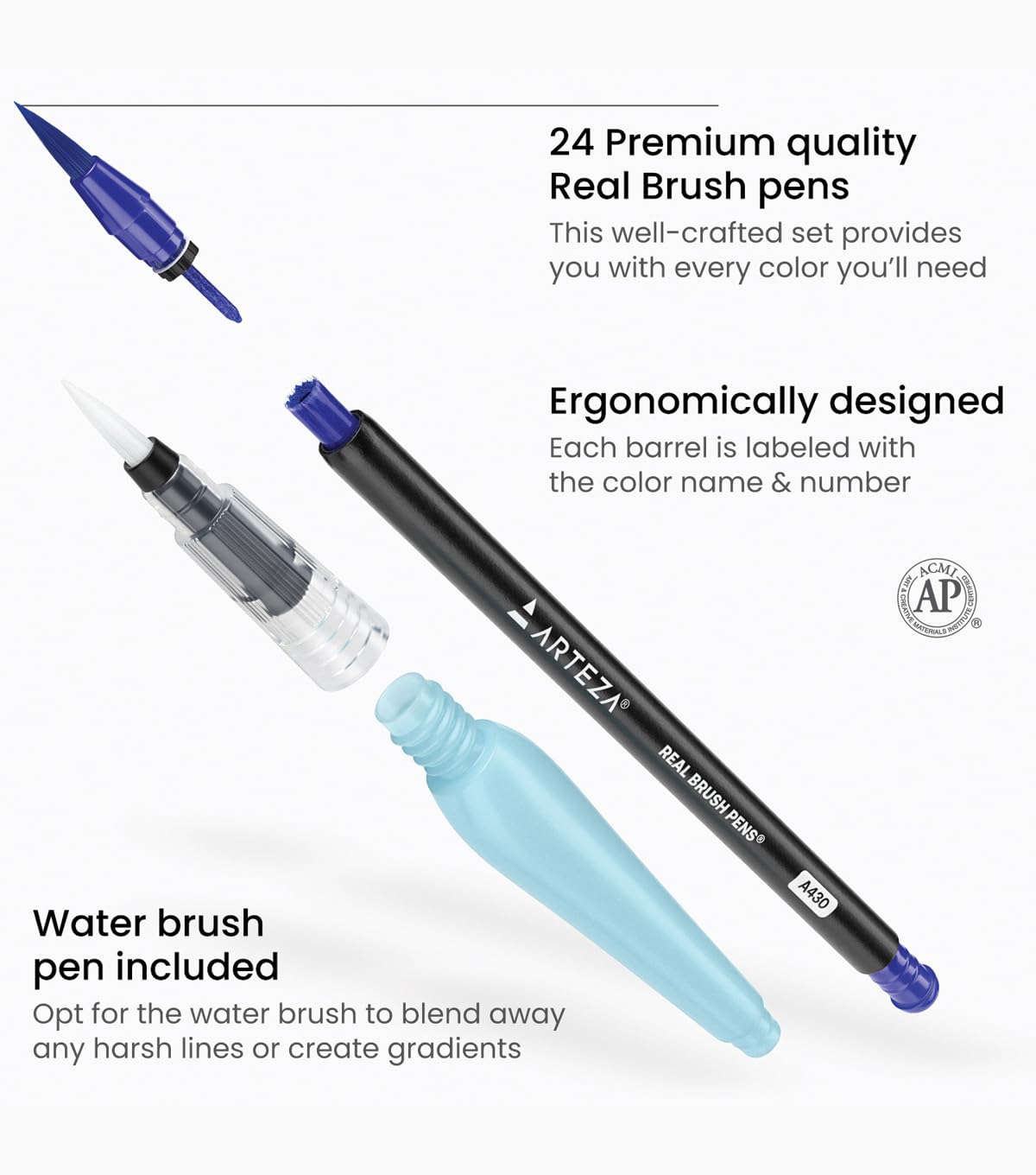 ARTEZA Caja de 24 rotuladores con punta de pincel | Rotuladores acuarelables profesionales para dibujar y colorear | 100% no tóxicos | Múltiples colores | Puntas flexibles