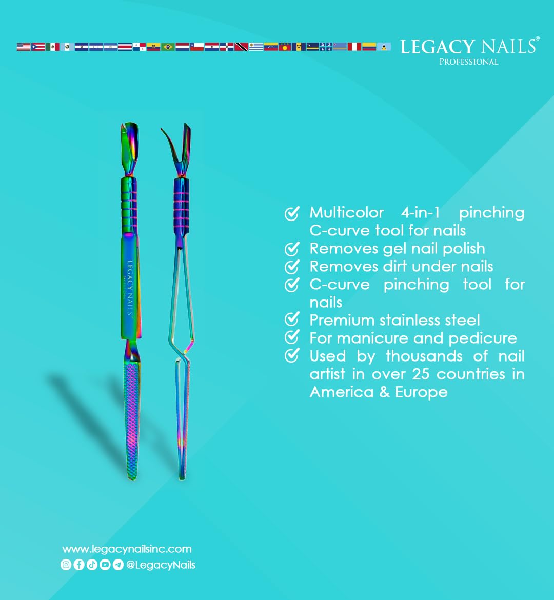LEGACY NAILS Herramienta Profesional Multicolor 3 En 1 Para Dar Forma A Las Uñas Curvas - Herramienta De Acero Inoxidable - Elimina El Esmalte De Uñas En Gel, Empuja Las Cutículas Muertas, Da Forma A