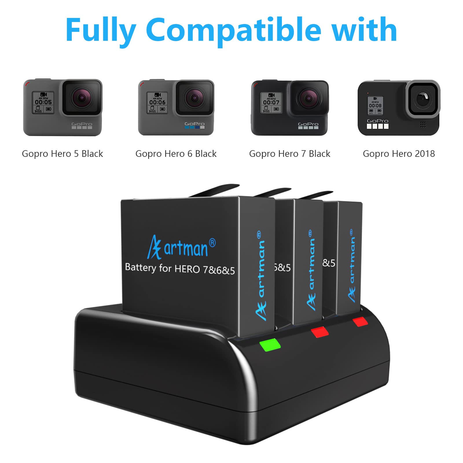 Artman Baterías de repuesto GoPro Hero 5/6/7 1480mAh (Pack de 3) y cargador USB LED de 3 canales para GoPro Hero 5 Black, AHDBT-501, Hero(2018),Hero 6,Hero 7 Black(compatible con la original)