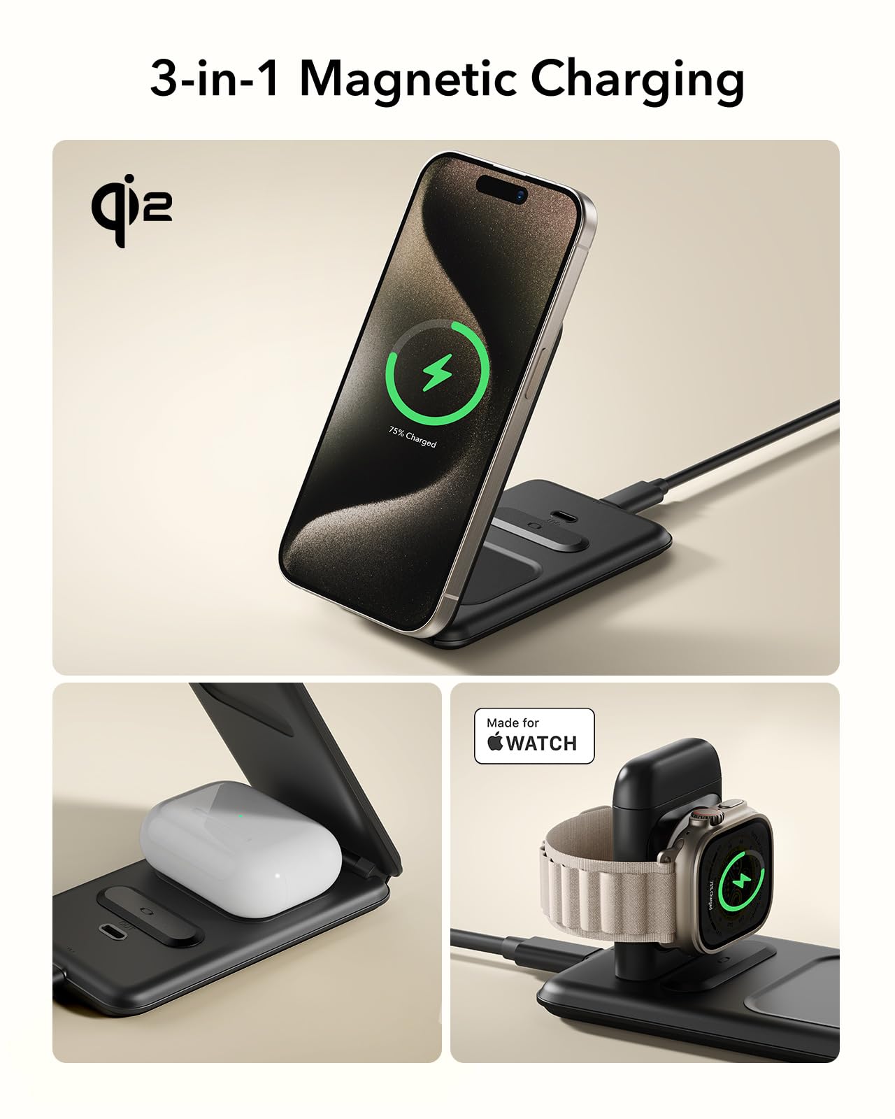 Estación de Carga 3 en 1 ESR para Apple en Blanco con Qi2 MagSafe Cargador 15W para iPhone y Watch