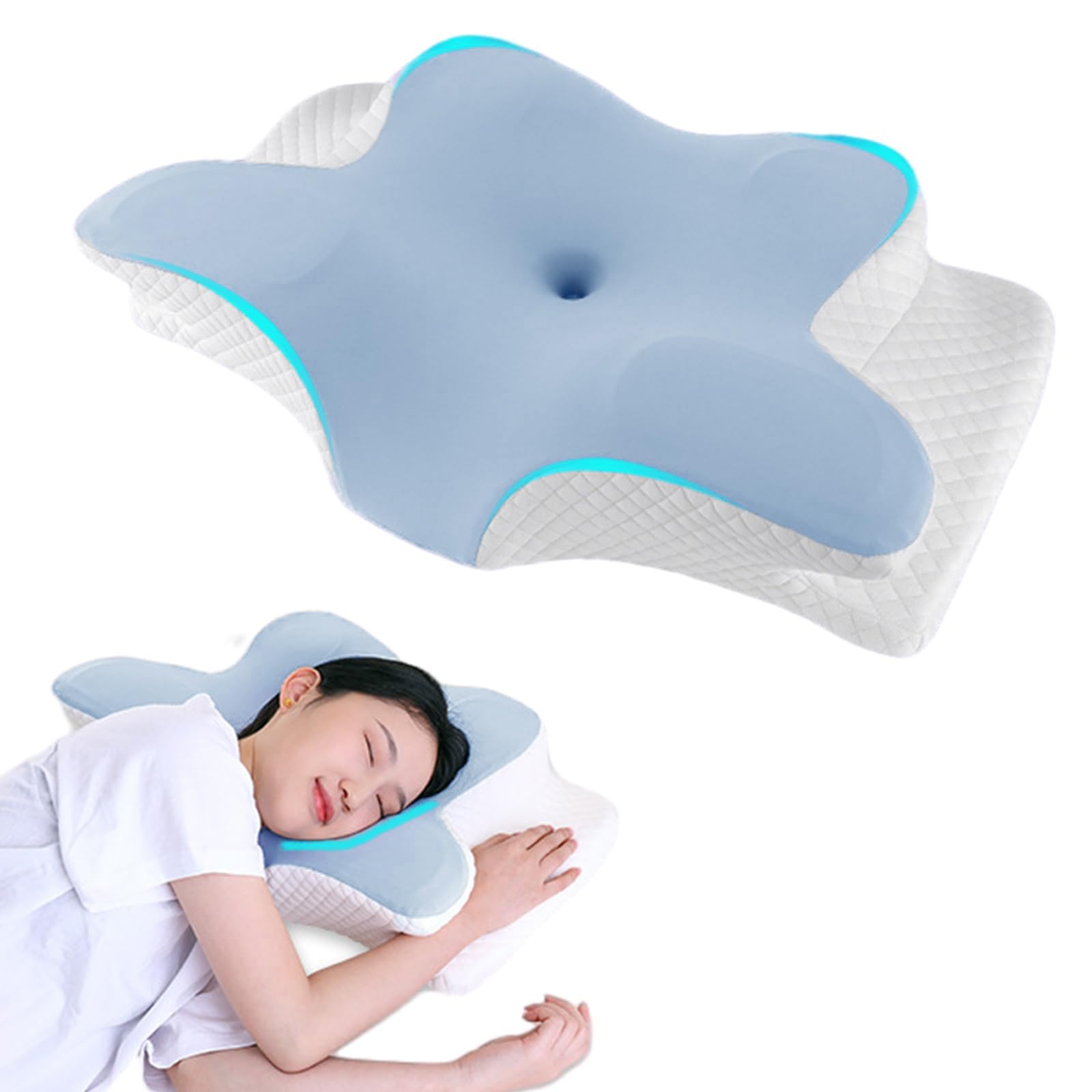 JeeLeeko Almohada Cervical de Espuma con Memoria 2en1 Almohada Ortopédica Ergonómica para Dolor de Cuello y Soporte Contorneado para Dormir de Lado, Espalda o Estómago (Embalaje Normal, Azul)