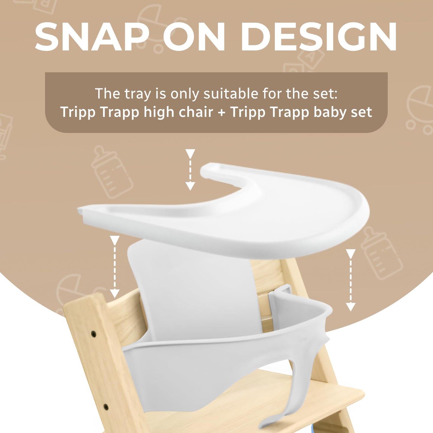 Bandeja para silla alta compatible con silla Stokke Trip Trap, color blanco brillante, diseño curvado ergonómico, sin BPA, fácil de montar