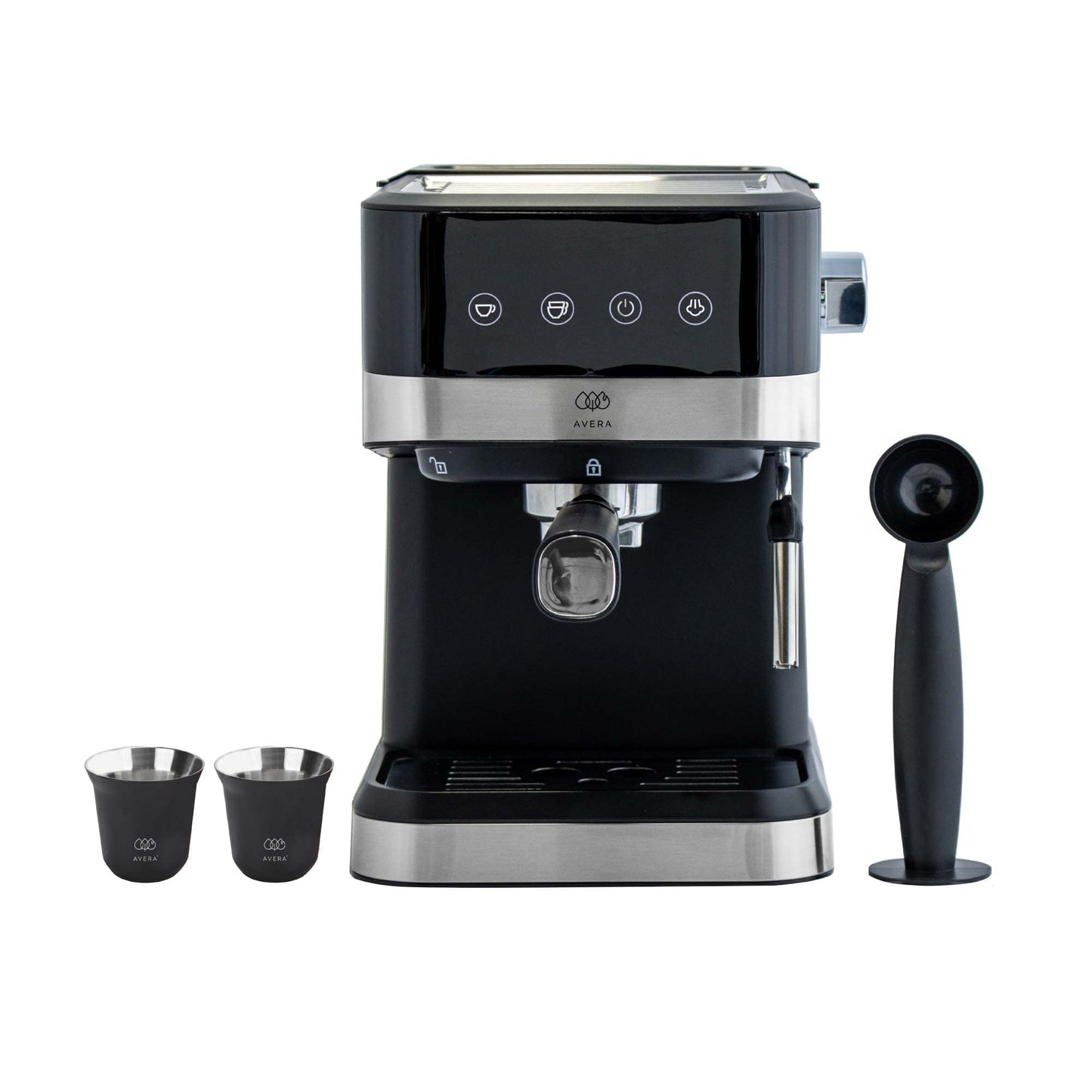 AVERA Cafetera Espresso y Capuchino con Espumador de Leche, Automatica, Incluye 2 Tazas, Tanque de Agua 800ml, 15 Bares, Color Negro y Acero Inoxidable, CAF03