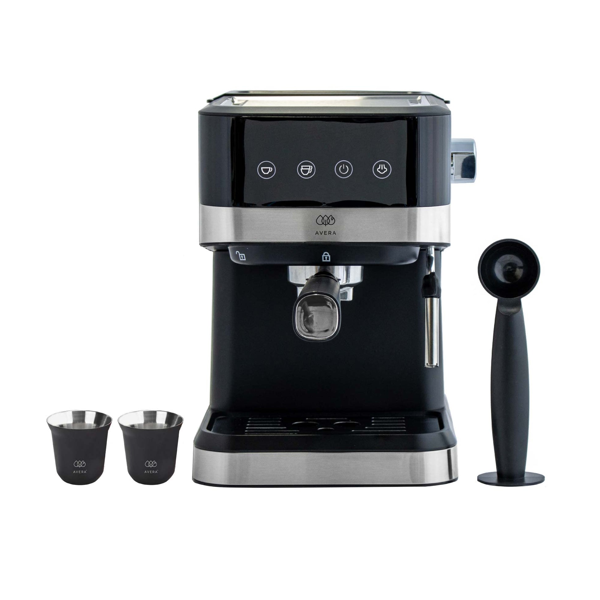 AVERA Cafetera Espresso y Capuchino con Espumador de Leche, Automatica, Incluye 2 Tazas, Tanque de Agua 800ml, 15 Bares, Color Negro y Acero Inoxidable, CAF03