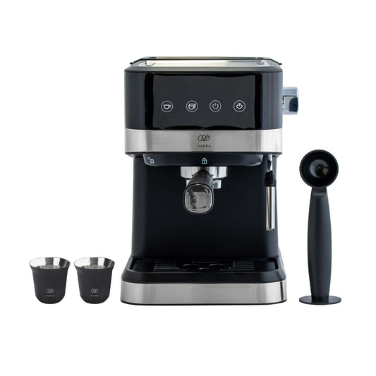 AVERA Cafetera Espresso y Capuchino con Espumador de Leche, Automatica, Incluye 2 Tazas, Tanque de Agua 800ml, 15 Bares, Color Negro y Acero Inoxidable, CAF03