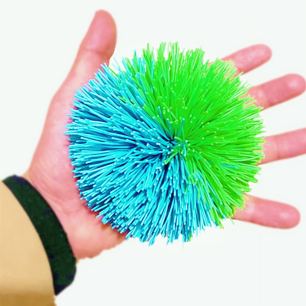 Bola Grande de Silicona EDUCATION THROUGH PLAY Azul Verde con Cuerda Arco Iris de 4.5 Pulgadas