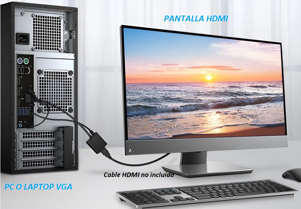 APICH Convertidor Vga A Hdmi Video + Audio, Adaptador Vga A Hdmi Video + Audio 1080p