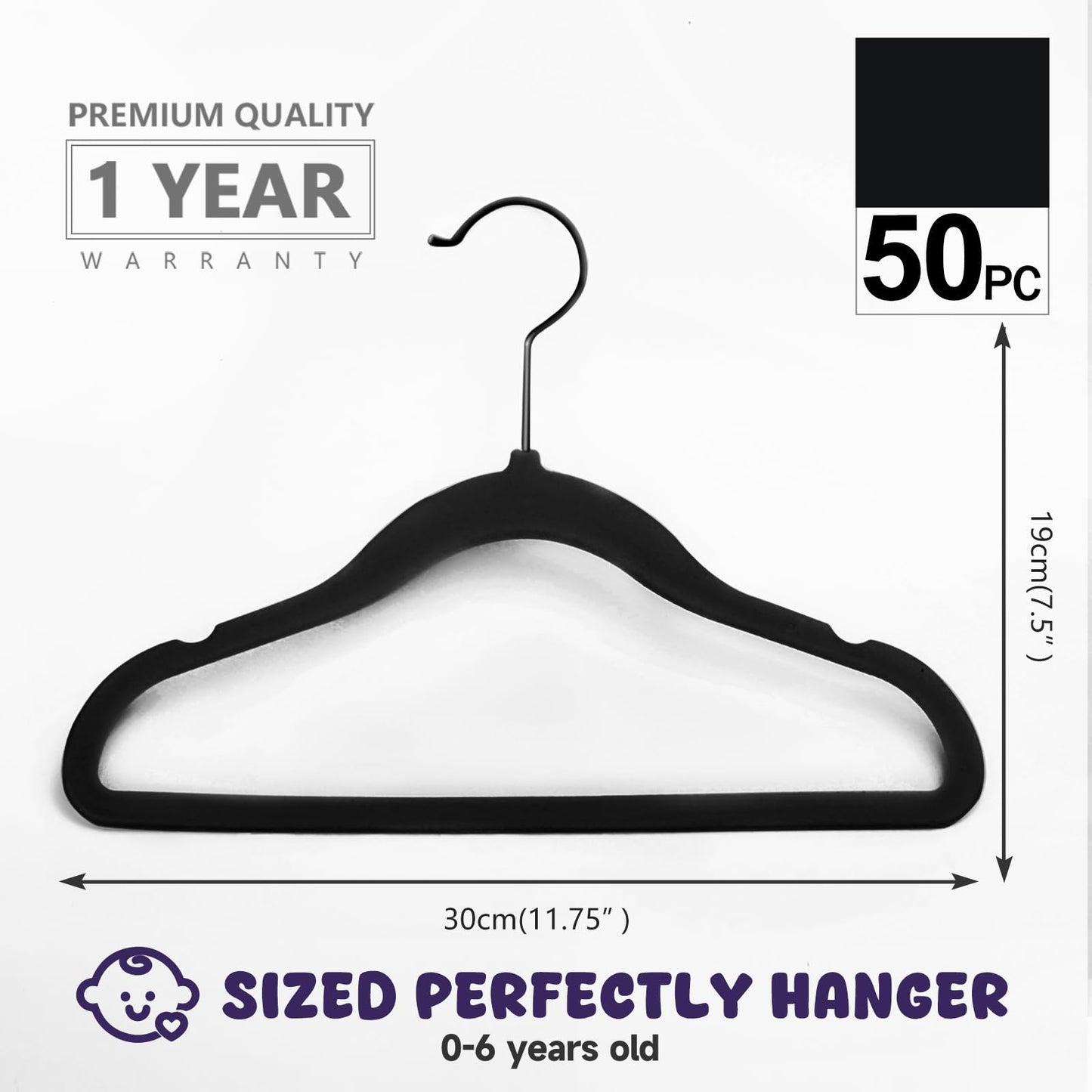 MIZGI Ganchos de terciopelo para bebé, ganchos antideslizantes para niños y niños pequeños, ganchos de 30 cm para ropa de bebé, paquete de 50 (negro/negro)