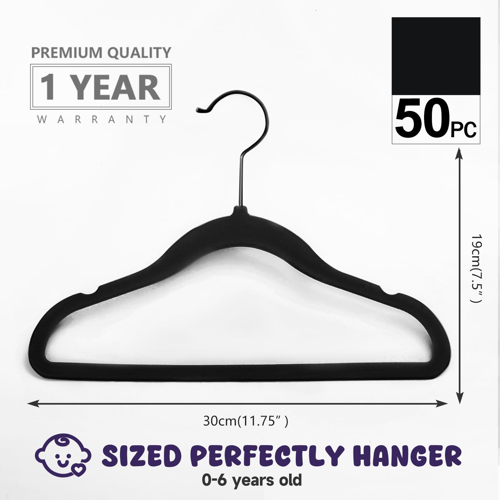 MIZGI Ganchos de terciopelo para bebé, ganchos antideslizantes para niños y niños pequeños, ganchos de 30 cm para ropa de bebé, paquete de 50 (negro/negro)