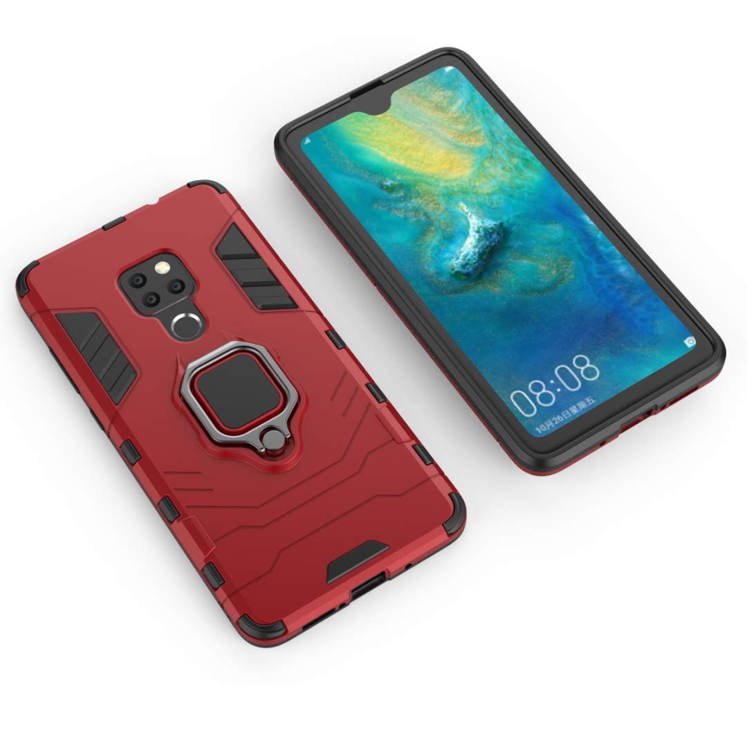 Compatible con Huawei Mate 20 Funda, Anillo Metálico Sujeción Soporte Antichoque Rígido Caja (Funciona con el Montaje de Coche Magnético) Doble Capa Sólido Case Carcasa para Huawei Mate 20 (Rojo)