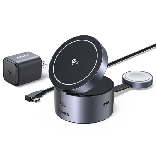 Cargador Inalámbrico Rápido UGREEN MagFlow Negro Plegable para iPhone y AirPods