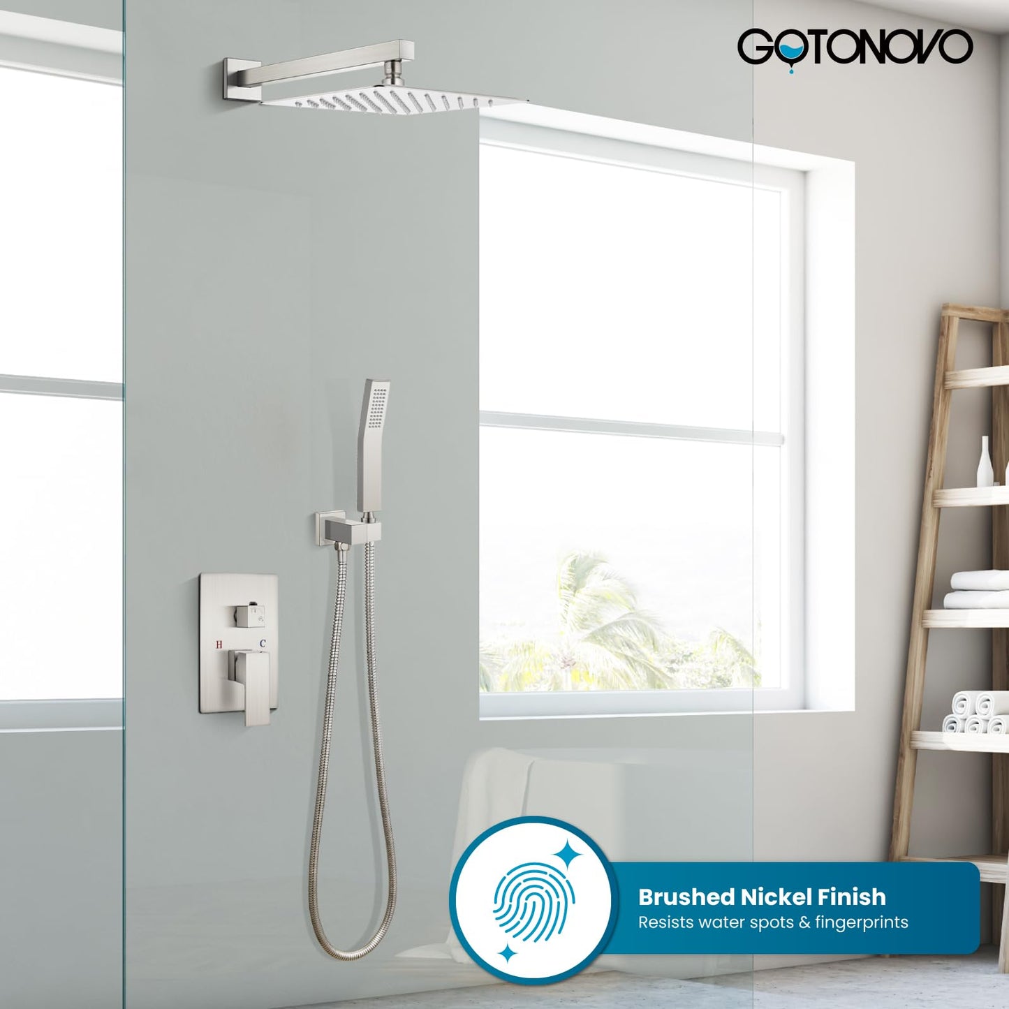 gotonovo - Sistema de ducha de lluvia para baño, cabezal de ducha y asa, juego completo de ducha de latón macizo con equilibrio de presión, válvula mezcladora de ducha de 12 pulgadas de níquel