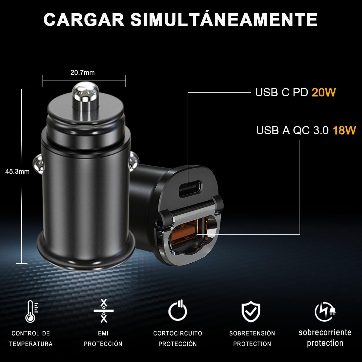 MOYAC Cargador para Auto, Carga Rápida con USB C PD 20W y USB QC3.0 18W, Cargador Metálico de Coche 38W, Compatible con iPhone 14/15/16, iPad Pro/Air/Mini, Galaxy S24/S23/S22, Xiaomi