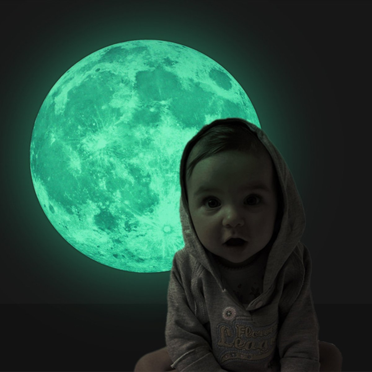 Homics Pegatinas de pared de luna que brillan en la oscuridad, 30 cm, adhesivo luminoso por la noche, perfecto para techo o pared para dormitorio de los niños (verde)