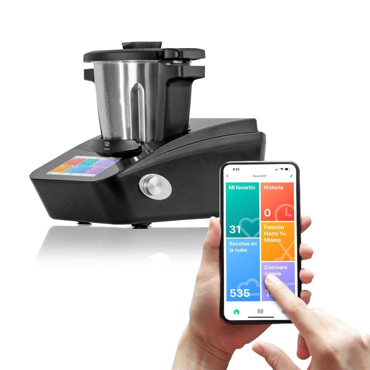 Avera Chef | Robot de Cocina Inteligente WiFi con Báscula y Recetario Digital (+1000 Recetas) | 30 Funciones: Guisar, Batir, Amasar | Pantalla Táctil, Vaporera | Capacidad 4.7 L | RC01