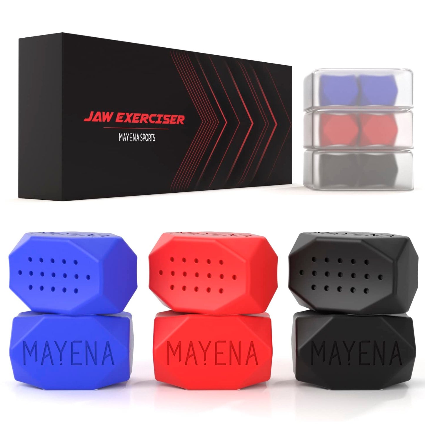 Ejercitador de mandíbula para hombres y mujeres de Mayena Sports - Tabletas de silicona para ejercitar la mandíbula - Potente entrenador de mandíbula y ejercitador facial para usuarios de todos los niveles - Adelgaza y tonifica la cara (3 Conjuntos)