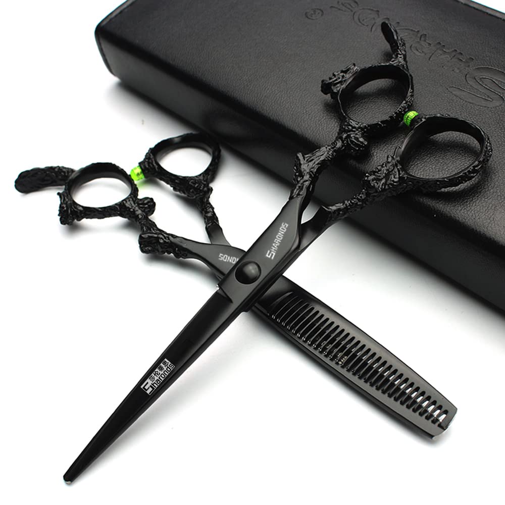 6 inch hair stylist barber scissors black plate dragon 440C hairdressing cutting scissors+thinning scissors (2pcs)