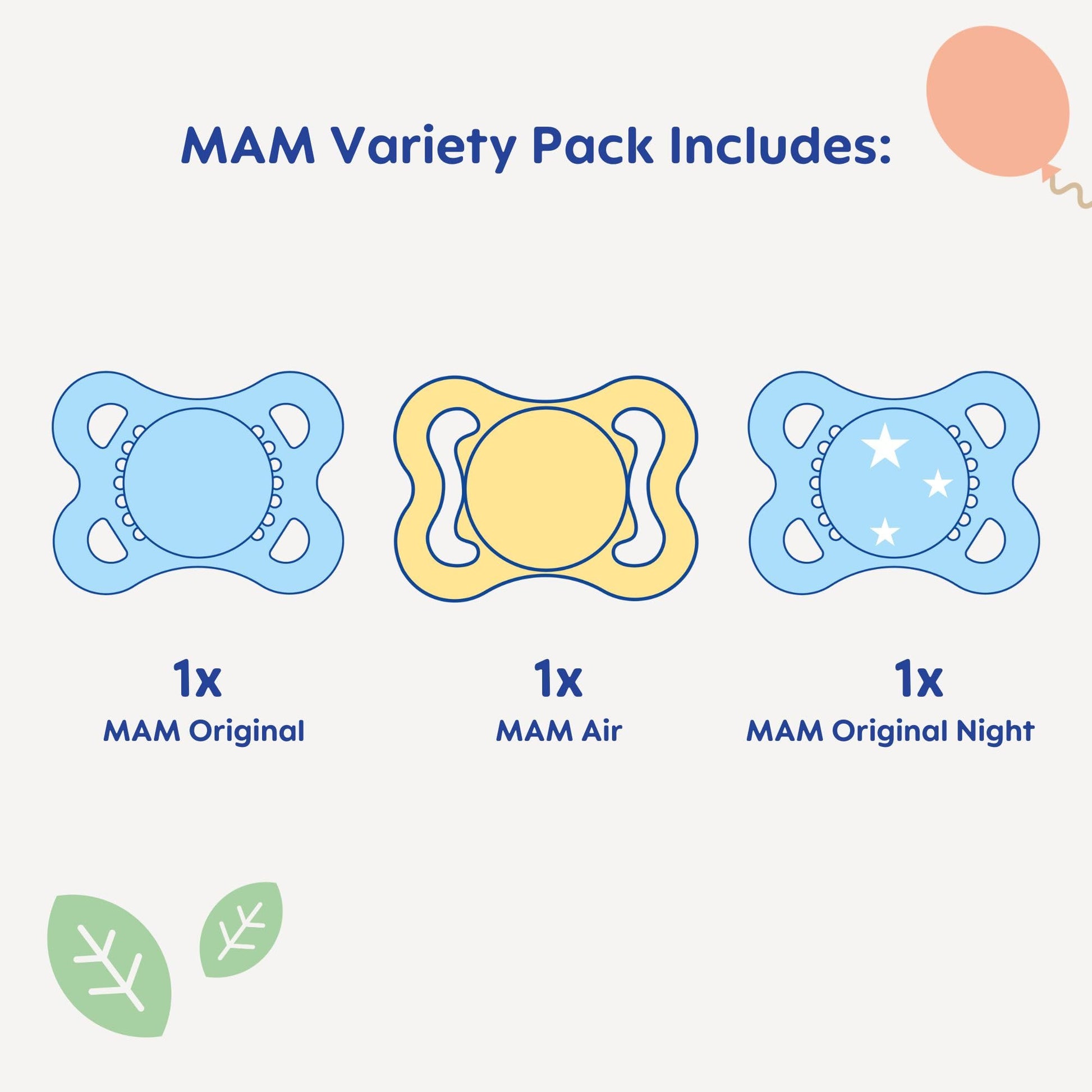 MAM Paquete variado de chupetes para bebé, incluye 3 tipos de chupetes, la forma de pezón ayuda a promover un desarrollo bucal saludable, 0-6 meses, unisex, 3 unidades (paquete de 1)