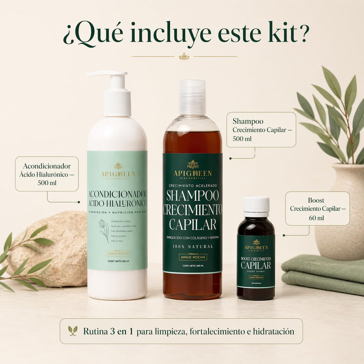 Kit Capilar Apigreen Negro para Crecimiento y Fortalecimiento del Cabello con Ácido Hialurónico