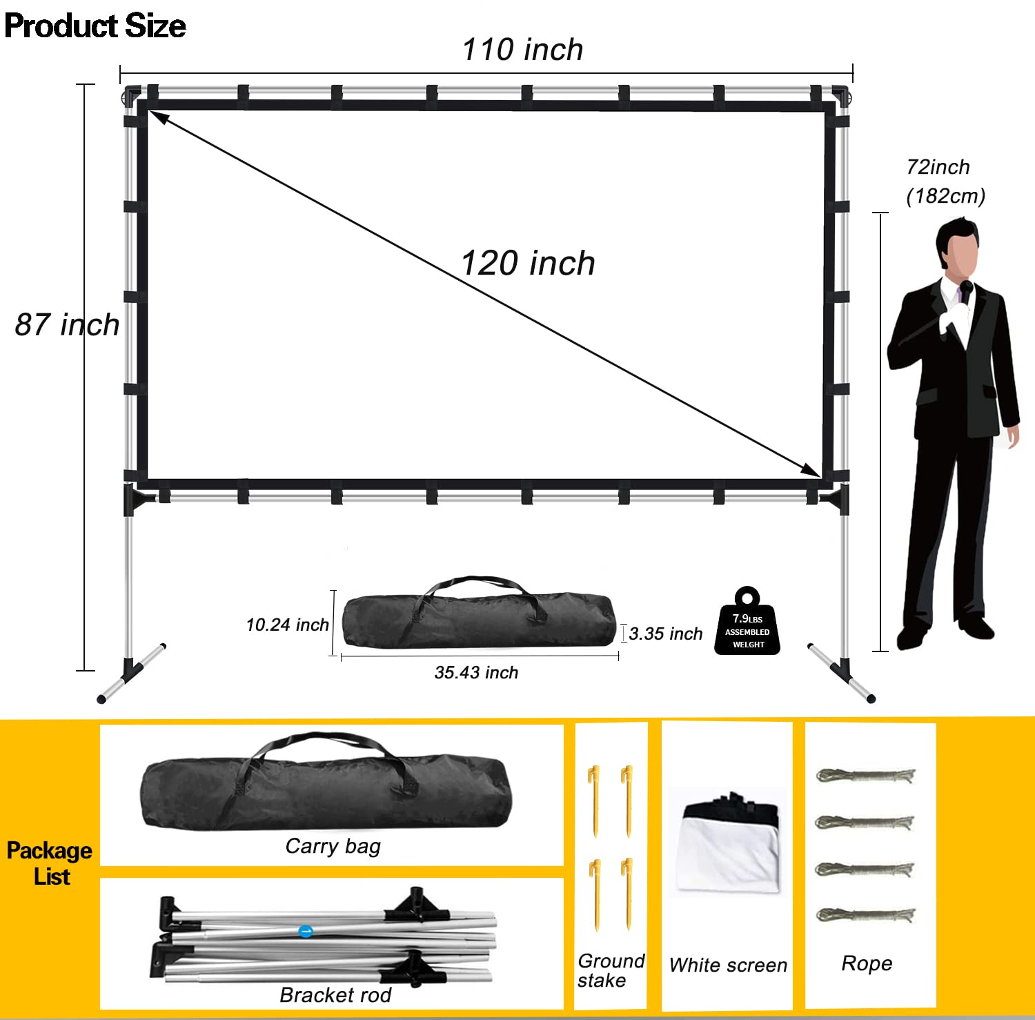 AZXRHWYGS visualización de proyector con Soporte de 120 Pulgadas para Interiores y Exteriores, visualización de proyector 16:9 4K HD, portátil, visualización de proyección Frontal Trasera