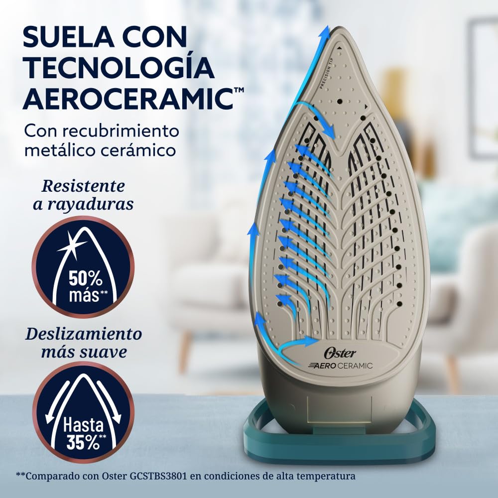 Oster Plancha de Vapor, AeroGlide Max S7800, con Golpe de Vapor 200 g/min, Recubrimiento Metálico Cerámico, Suela con más Cobertura, Aeroceramic, Eco, Apagado Automático, Verde Oscuro, GCSTAC7802-013