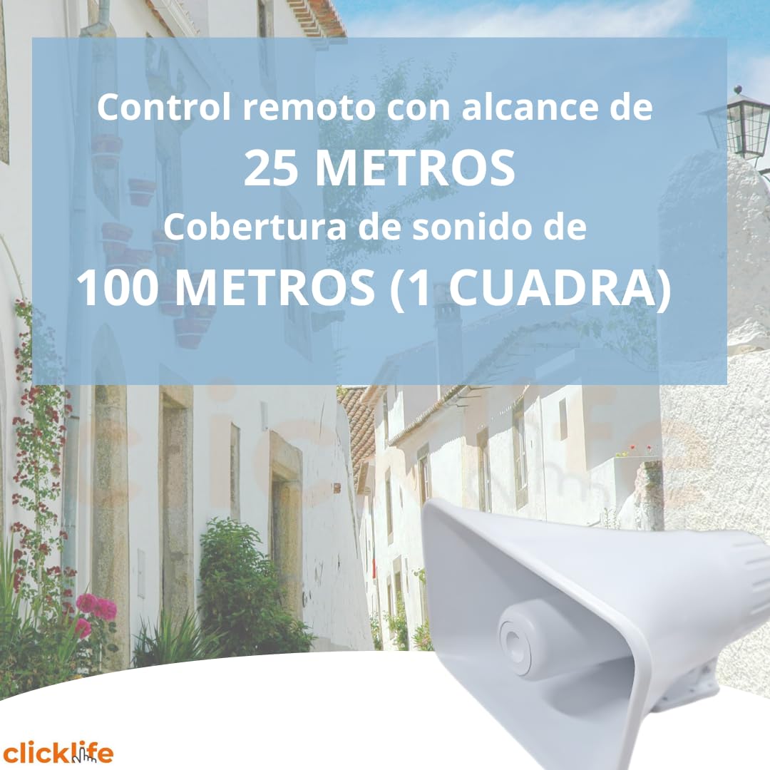 Clicklife - Sirena Alarma Vecinal 30W con 1 Control Remoto Sonido Potente de 100 m (229 dB) | Seguridad para Casa Negocio Escuela Fácil de Instalar Resistente al Clima con Frecuencia de 433 MHz