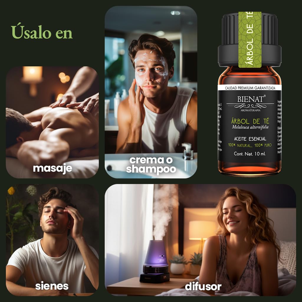 BIENAT AROMATERAPIA Aceite Esencial de Árbol de té 10mL | 100% Puro y Concentrado | Ideal para Difusor de Aromas, Humidificador, Aromaterapia, Masajes, Meditación, Jabones y Velas | Esencia Natural en Gotas