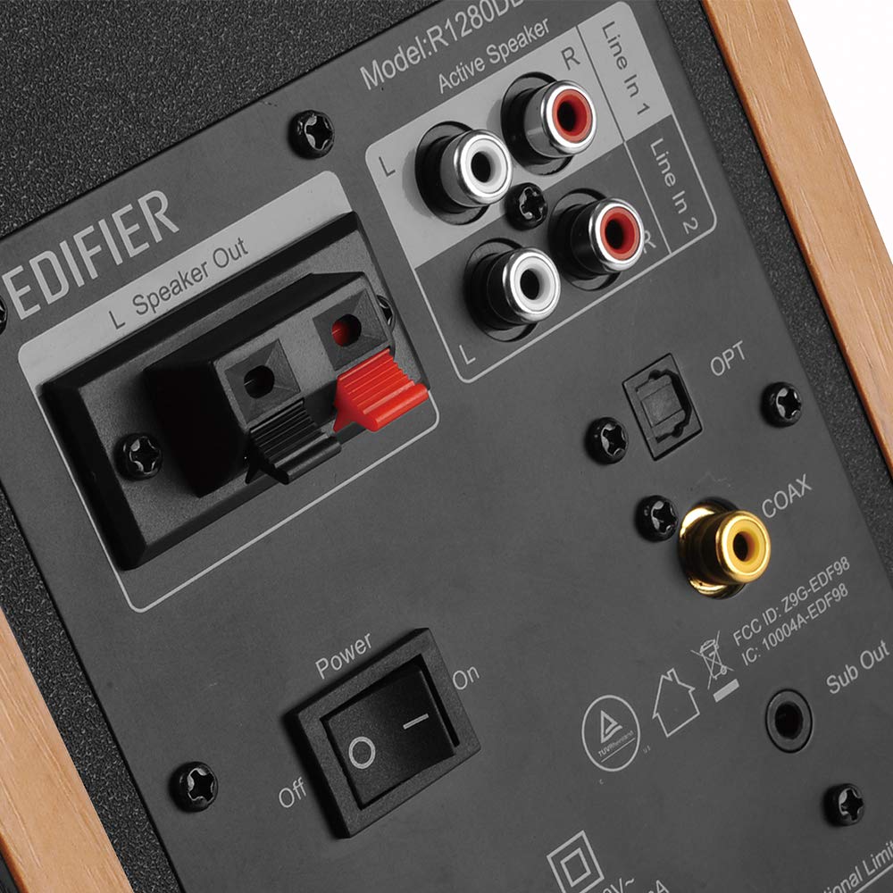 Edifier R1280DBs Altavoces Activos de estantería con Bluetooth - Entrada óptica - Altavoces de Estudio Tipo Monitor 2.0 Wireless - 42W RMS con Salida de línea para subwoofer - Grano de Madera